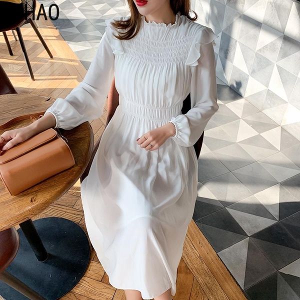 

casual dresses tuhao 2021 ruffles pleated women chiffon dress female long vestidos elastic waist casaul office wm06, Black;gray