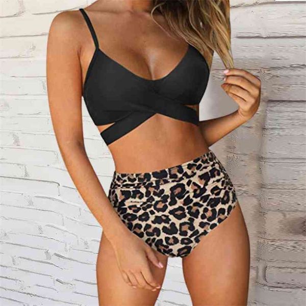 

swimsuit women high waisted bikini woman criss cross set leopard print beachwear bathing suit push up swimwear 210619, White;black