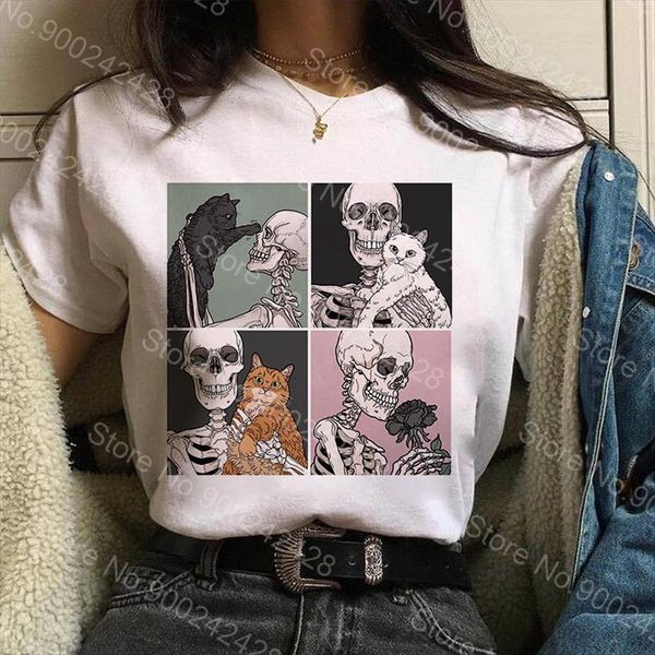 

vogue halloween skull cat mens t shirt and women harajuku friends graphic casual coffee tees comic ulzzang streetwear, White;black