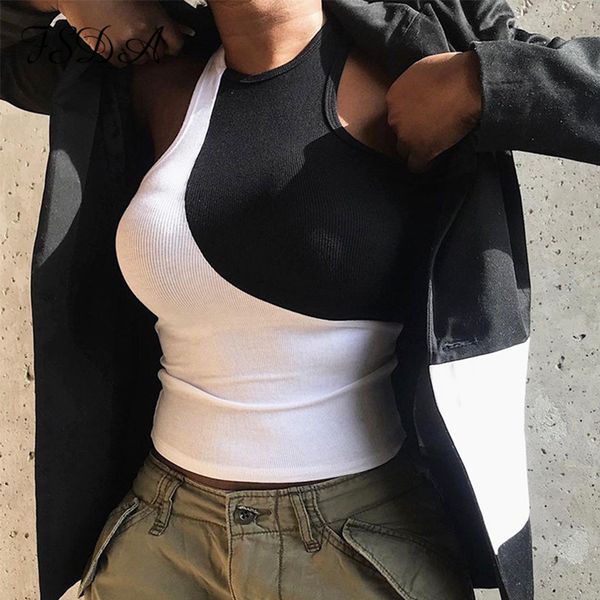 

patchwork 2021 summer y2k crop women sleeveless casual white basic t shirts ribber streetwear tank vintagehigh quality
