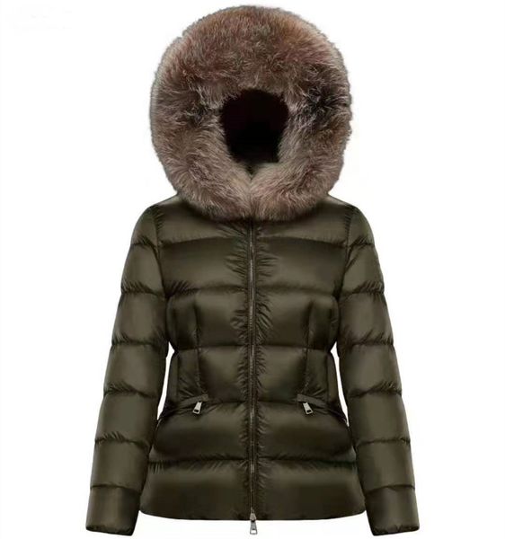 Piumino corto in nylon da donna Tasche con chiusura a cerniera Cintura Cappotto caldo spesso Cappotto classico da donna con cappuccio in pelliccia Capispalla invernale lungo