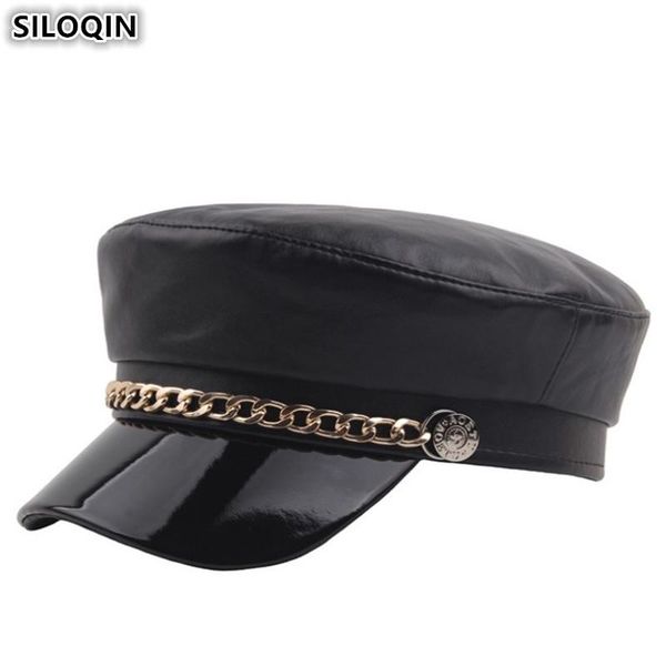 

berets siloqin women's elegant flat cap pu leather army military hats for women winter warm tongue caps snapback lady's hat, Blue;gray
