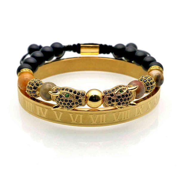 

design leopard head adjustable 8mm beads pave zircon natural stone charm bracelet men women jewelry gift, Golden;silver