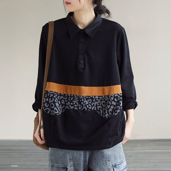 

women's hoodies & sweatshirts women black patchwork printed style 2021 autumn turn-down collar loose female cotton button moletom