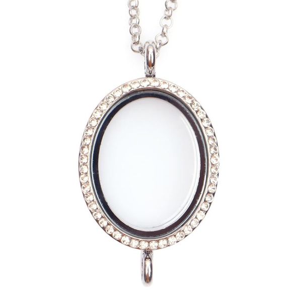 

pendant necklaces 10pcs/lot alloy oval floating charm rhinestone locket magnetic living glass memory necklace women jewelry christmas gifts, Silver