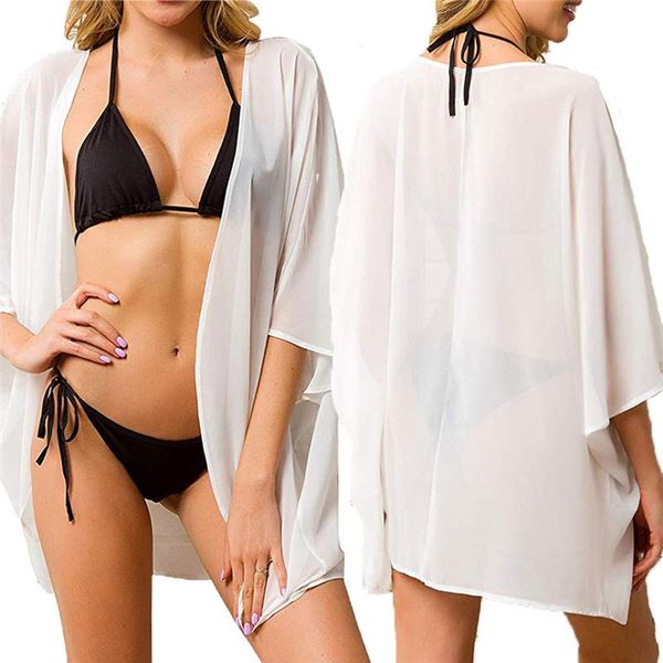 

women's swimwear chiffon women bikini summer print brazilian loose cardigan beachwear cover up kimono kaftan bathing holiday swimsuit, White;black