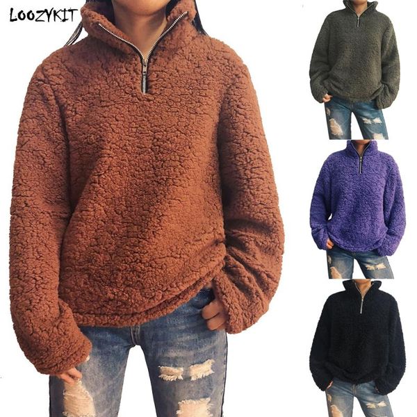 

gym clothing loozykit fleece faux fur pullover women sweatshirt winter fashion turtleneck zipper female warm fluffy, White;black