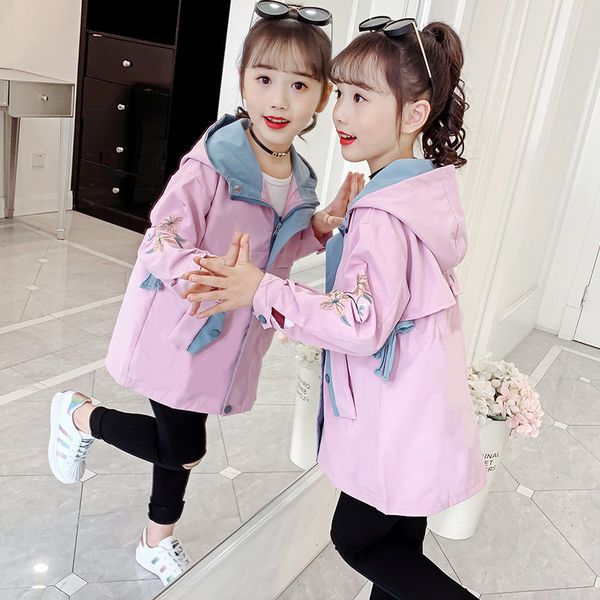 

2021 new spring autumn jackets for the embroidered flower girl trench coats children clothes 4-13y with casual hoodie girls outerwear jacket, Blue;gray