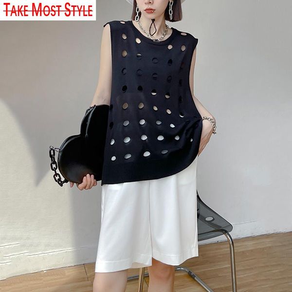 

women's vests women loose fit black holes hollow out casual vest v-collar sleeveless fashion tide spring summer 2021, Black;white
