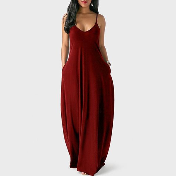 

casual dresses 5xl fashion spaghetti straps maxi dress women 2021 plus size pure color loose v-neck beach, Black;gray