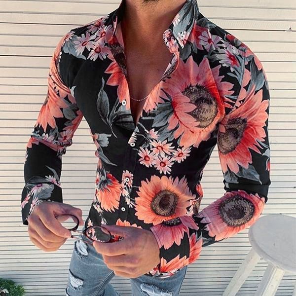 

long mouw hawaiian blouse blossom printed turn down kraag shirt fit slim business men shirts 2021 new, White;black
