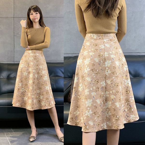 

new women 2021 autumn winter suede high waist midi vintage floral print ladies pleated a line skirt saia femininas a493a9xt, Black