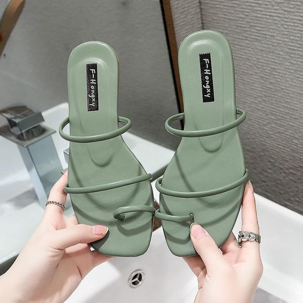 

2021 summer new style korean flat slippers women's set toe one word with outer wear sandals fashion women's shoes, Black