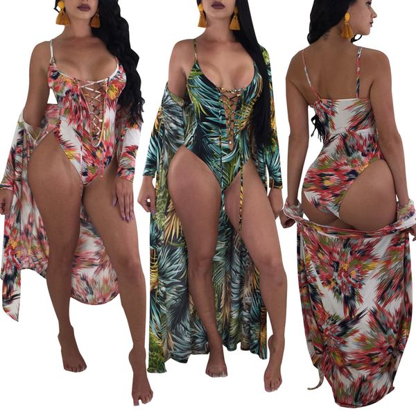 

fashion swimwear women two piece set print long sleeve sunscreen coat cloak + v neck bandage slip bikini suit summer 2pcs fitness wear