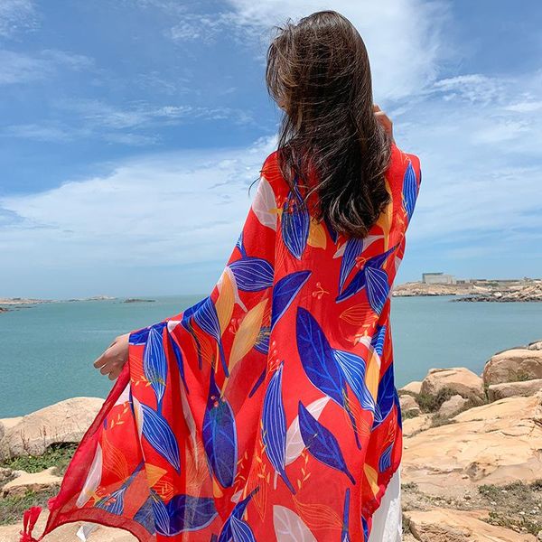 

ethnic clothing leaf printed long shawl bright color tassel hijab scarf for women red ladies wraps