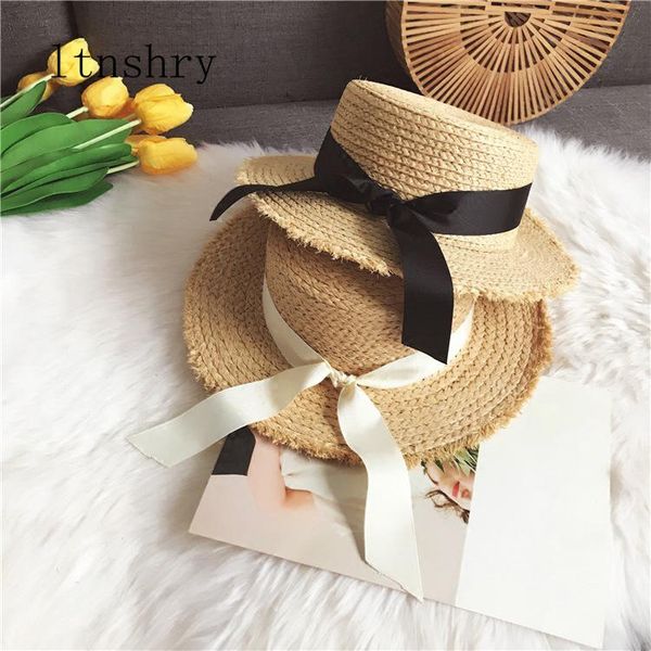 

stingy brim hats 2021 summer bowknot straw ribbon sun for women beach fashion hat wide foldable panama chapeau femme, Blue;gray