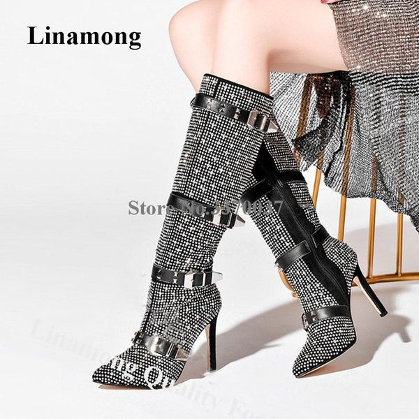 

boots linamong bling rhinestone stiletto heel knee high gladiator pointed toe buckles straps crystal long, Black
