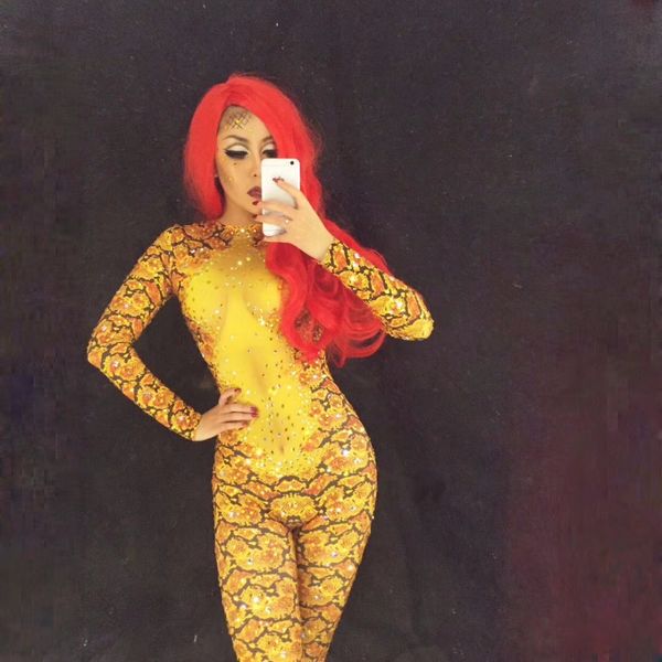 

gold snake 3d printed stage jumpsuit sparkling crystals bodysuit for nightclub party dj ds singer stage wear women costumes, Black;red