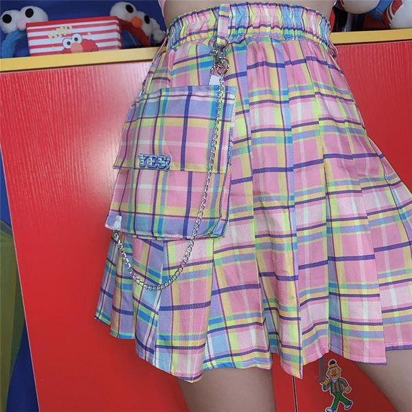 

skirts pockets korea harajuku cute a-line pink plaid casual large size skirt high waist ins sweet female college short, Black