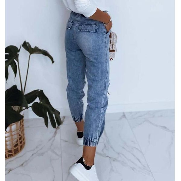 

women's jeans wepbel autumn streetwear high waist trousers pants ripped simple blue women pockets washed pencil denim