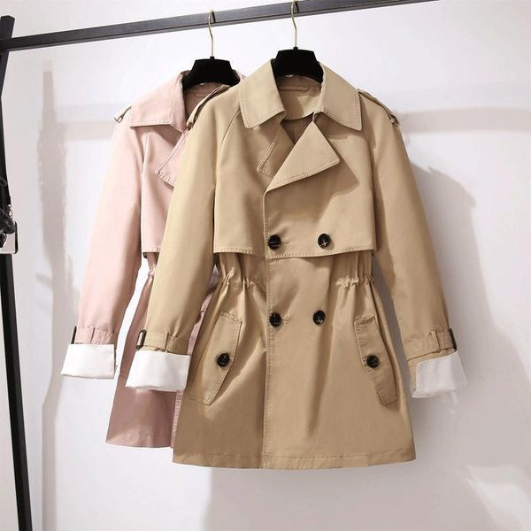 

new spring autumn women long trench coat khaki pink fashion pockets double breasted trench with belt business outerwear, Tan;black