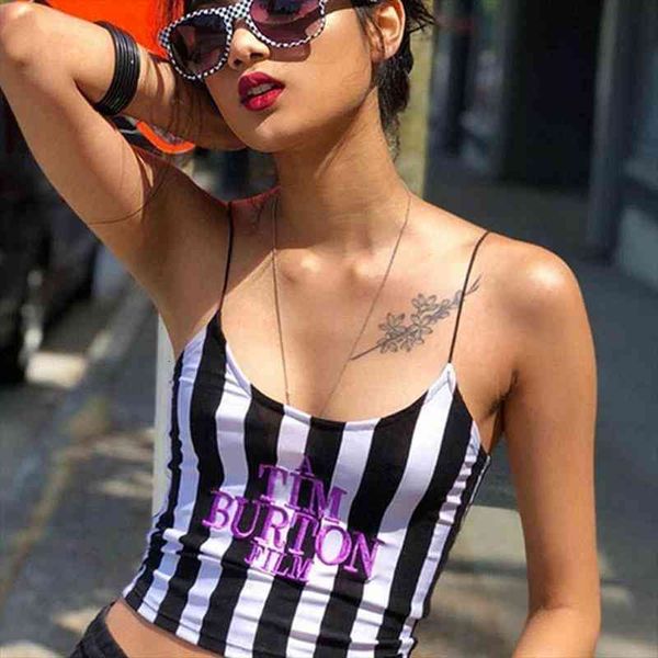 

letter embroidery women crop summer sleeveless skinny camis stripe camisoles tim burton woman clothes, White