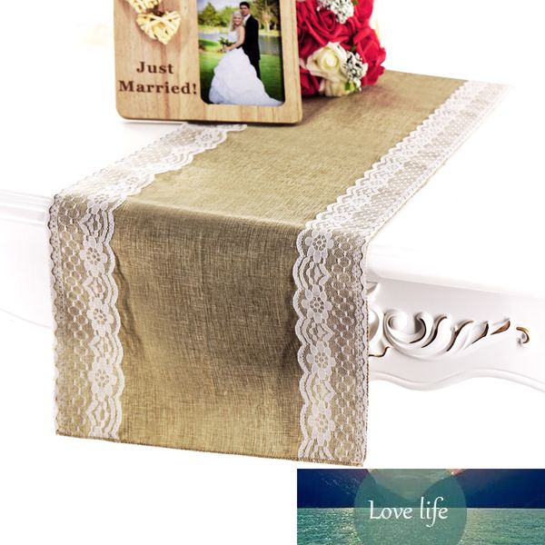 1 PCS Rústico Burlap Roupa Hessian Table Runner Duplo Lace Side Decor De Mesa Para Decorações De Casamento Festival Party Table Capa