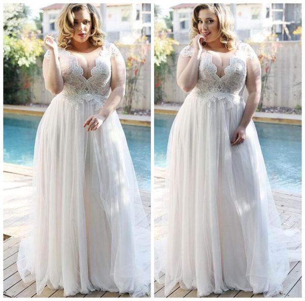 

2021 plus size wedding dresses a line sheer v neck cap sleeve lace bridal gowns vestido de novia bridal marriage gowns wjh635, White