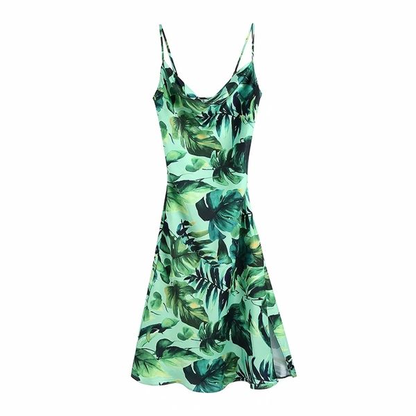 Za Frauen Kleider Grün Strap Backless Print Tropical Frau Sommer Sexy Party Lange Vintage Vestidos Kleider 210531