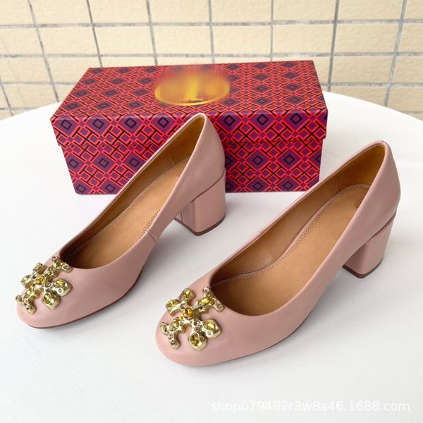 

2021 spring and autumn tb leather high heels round head shallow mouth sheep thick heel work sho, Black