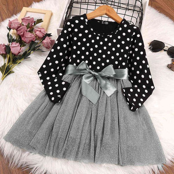 Vestito dalla neonata 2022 Primavera New Fashion Polka Dot Bow Mesh Abiti da principessa per le ragazze Manica lunga Abbigliamento per bambini Costumi per ragazze G1215