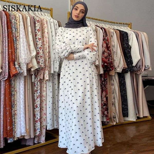 

casual dresses refreshing white print maxi dress for women 2021 o neck long sleeve middle east arabic muslim dubai oman moroccan turkey clot, Black;gray