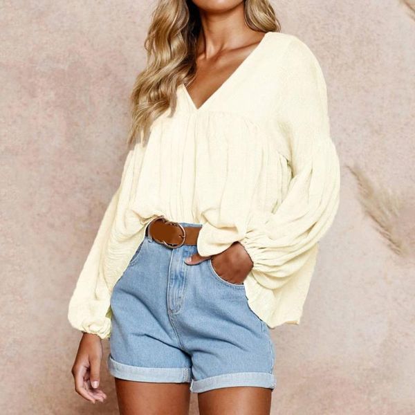 

women's blouses & shirts yellow office lady elegant lantern sleeve surplice v-neck solid blouse autumn women and, White