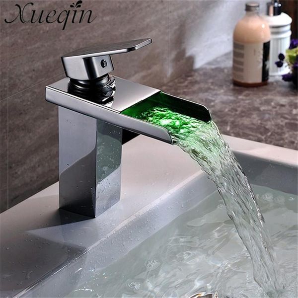 

bathroom sink faucets led color change waterfall basin faucet chrome brass square vanity mixer tap