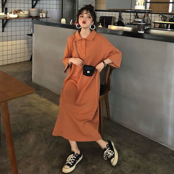 

women's dresses will see 2021 solid color short sleeve loose in a straight line long orange casual shirt dressed robe femme 109 mice, Black;gray