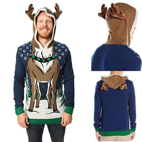 

men's hoodies & sweatshirts 3 color christmas costume hooded antlers printed color-blocking 2021 fashion casual family party funny wear, Black