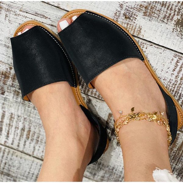 

kamucc summer sandals women flats female casual peep toe shoes pu slip on leisure solid sewing footwear two-piece plus size, Black