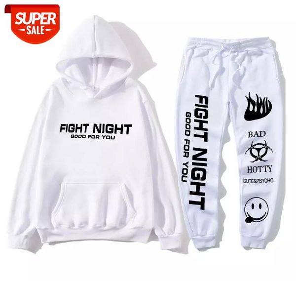 

Set printed long sweatshirt + sports pants men and women white street clothing trousers autumn and winter fashion hoodie + pants #Z06h, Gray