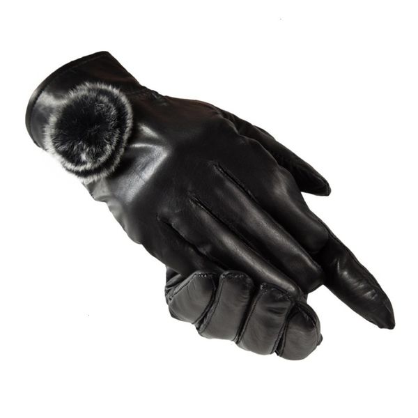 

cycling leather gloves whole women' leather winter haining warm thickened rabbit hair ball leather gloves, Blue;gray