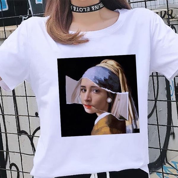 

girl with a pearl earring graphics printing t-shirt summer harajuku funny girl t shirt fashion retro short sleeve women's tshirt, White