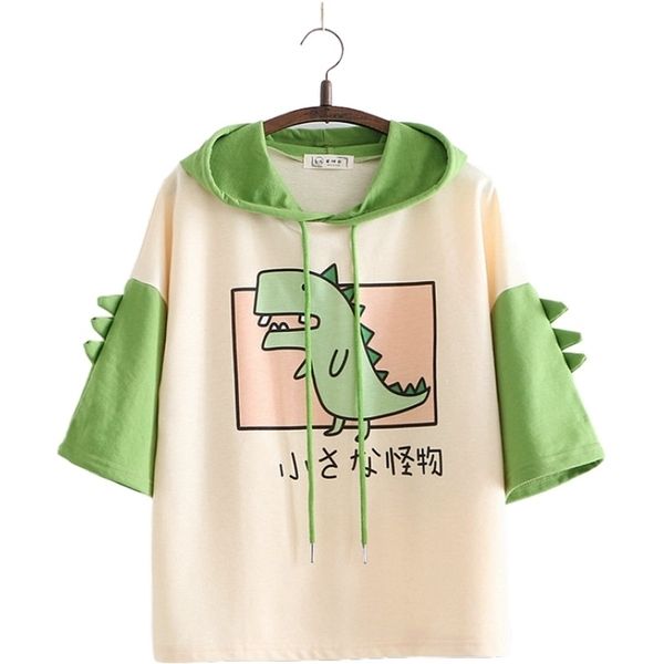 Frauen Dinosaurier Sweatshirts mit Hörnern Süße Stil Kurzarm Baumwolle Hoodies Mädchen Grün Hoodie Drucken Mit Kapuze Harajuku Pullover 210803