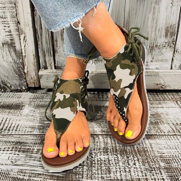 

sandals women flat camouflage print summer shoes large size andals beach leather retro gladiator flip flops slippers, Black