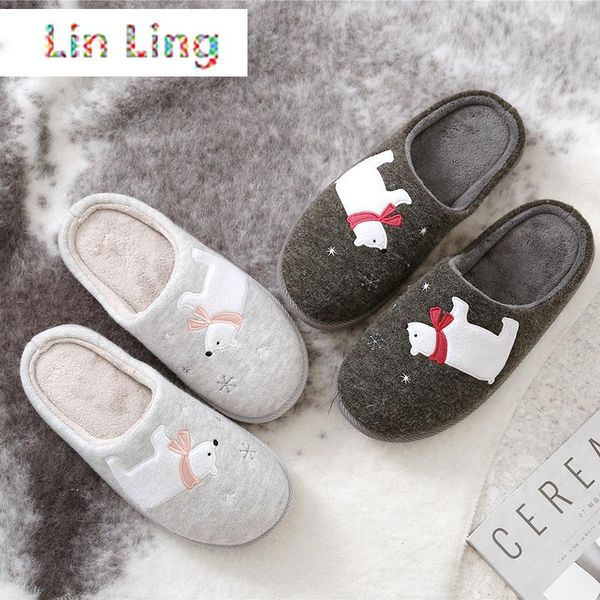 

slippers winter cute cartoon indoor women plush shoes bedroom couples flats white bears pattern house warm fur, Black