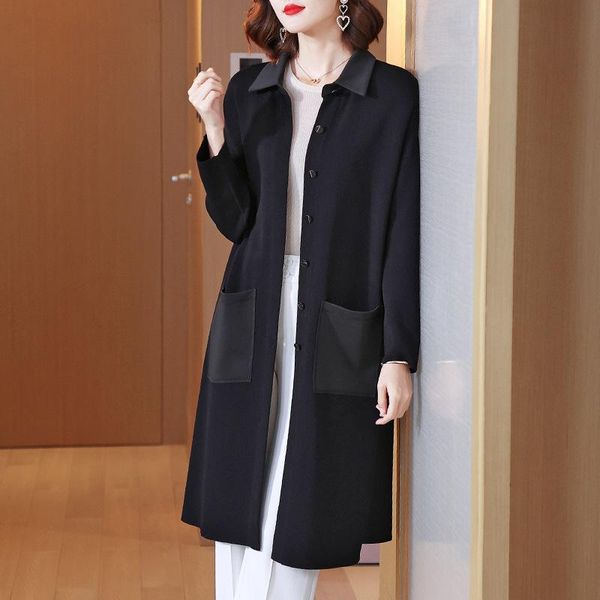 

women's trench coats fashion knitted early autumn windbreaker 2021 small black temperament large cardigan coat, Tan;black