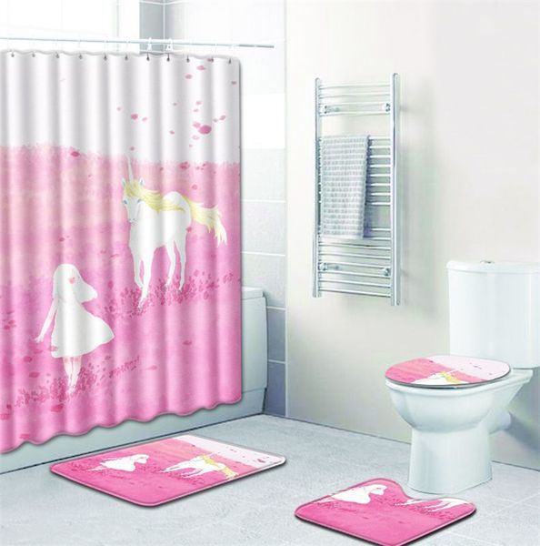 Unicorn Baskı Su Geçirmez Duş Perdeleri Banyo Moda Banyo Perdesi Ev Dekor Için Sevimli Paspas Mat Setleri