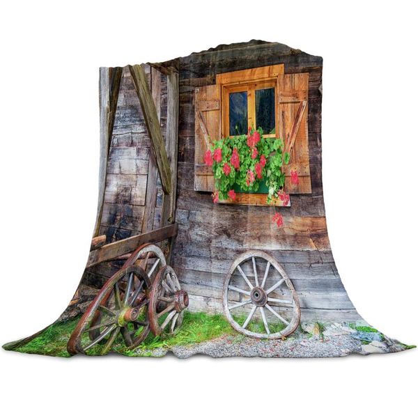

blankets flower wheel window old wooden hut printed flannel throw blanket quilts keep warm sofa child home textiles family gift