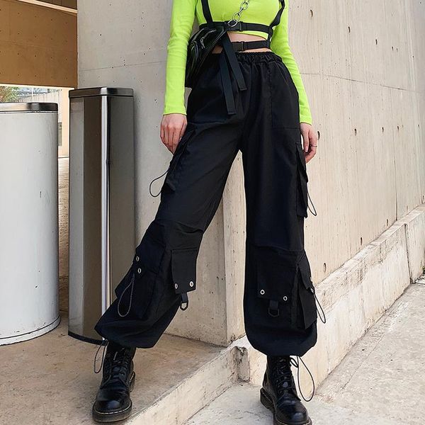 

women's pants & capris women's cargo ribbon pocket jogger elastic waist high streetwear harajuku pant punk females trousers, Black;white