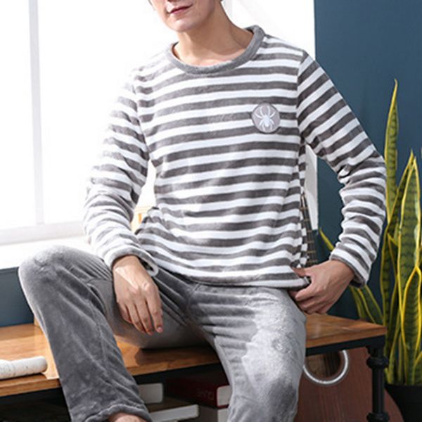 

winter long sleeve thick warm flannel pajama sets for men coral velvet sleepwear suit pyjamas lounge homewear home clothes, Black;white