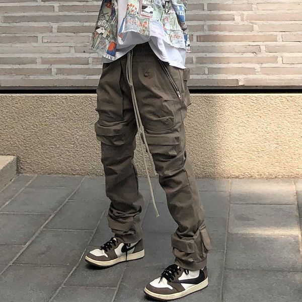 

men's pants high street multi-pocket drawstring overalls mens straight ribbons oversize casual cargo hip hop loose baggy trousers, Black