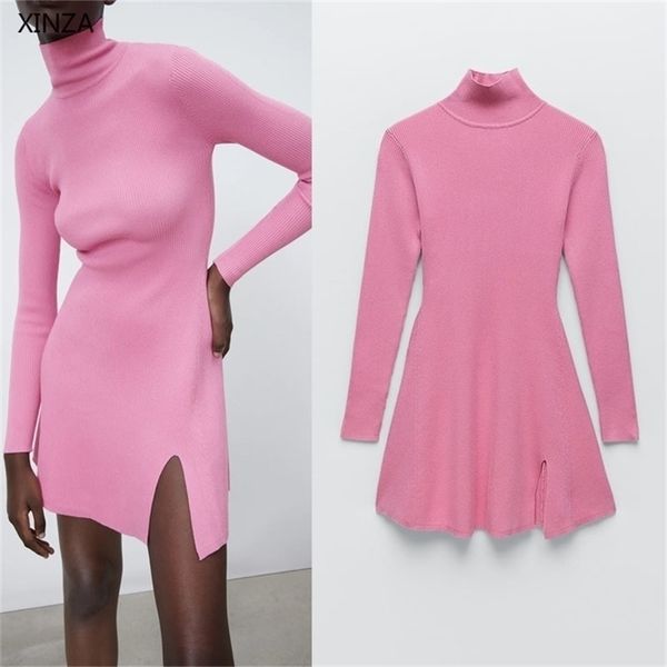 

women spring pink knit dress za elegant turtleneck long sleeve mini es woman fashion front slit vintage sweater 211112, Black;gray